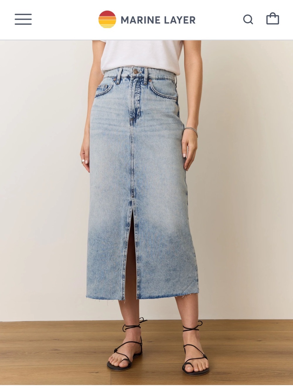 Marine Layer Washed Light Blue Denim Midi Skirt with Front Center Slit